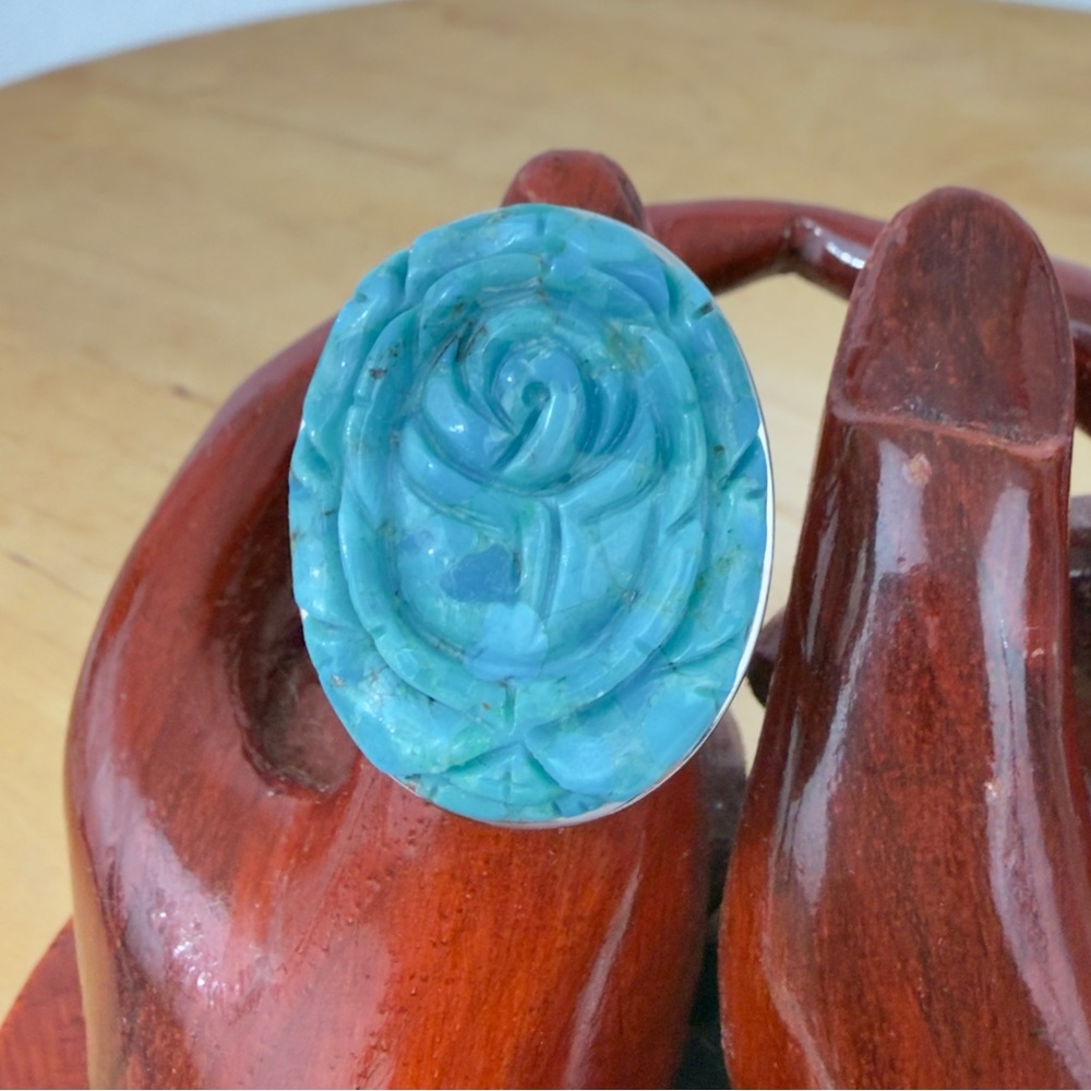 NF 925 Thailand DP Dallas Prince Carved Rose Turquoise Sterling Silver Ring Sz 7 - Picture 7 of 16